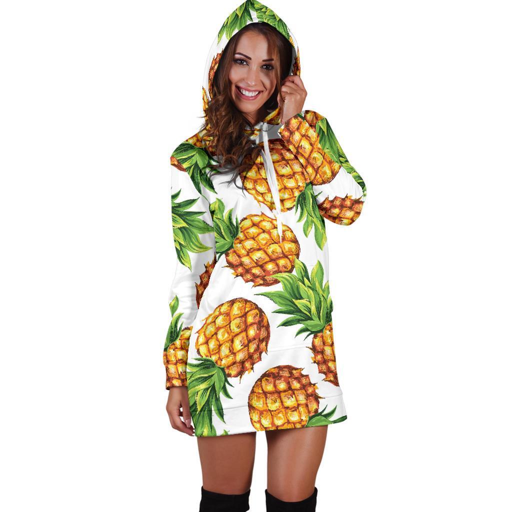 White Summer Pineapple Pattern Print Hoodie Dress GearFrost