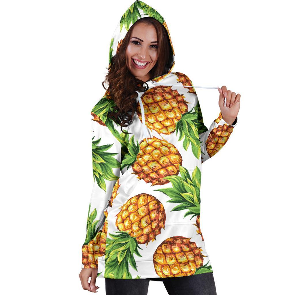 White Summer Pineapple Pattern Print Hoodie Dress GearFrost