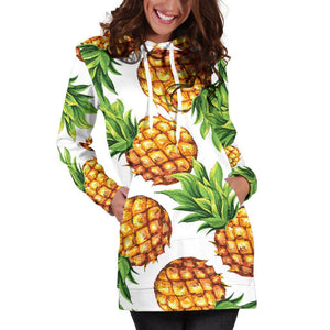 White Summer Pineapple Pattern Print Hoodie Dress GearFrost