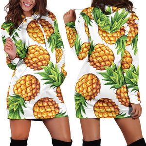 White Summer Pineapple Pattern Print Hoodie Dress GearFrost