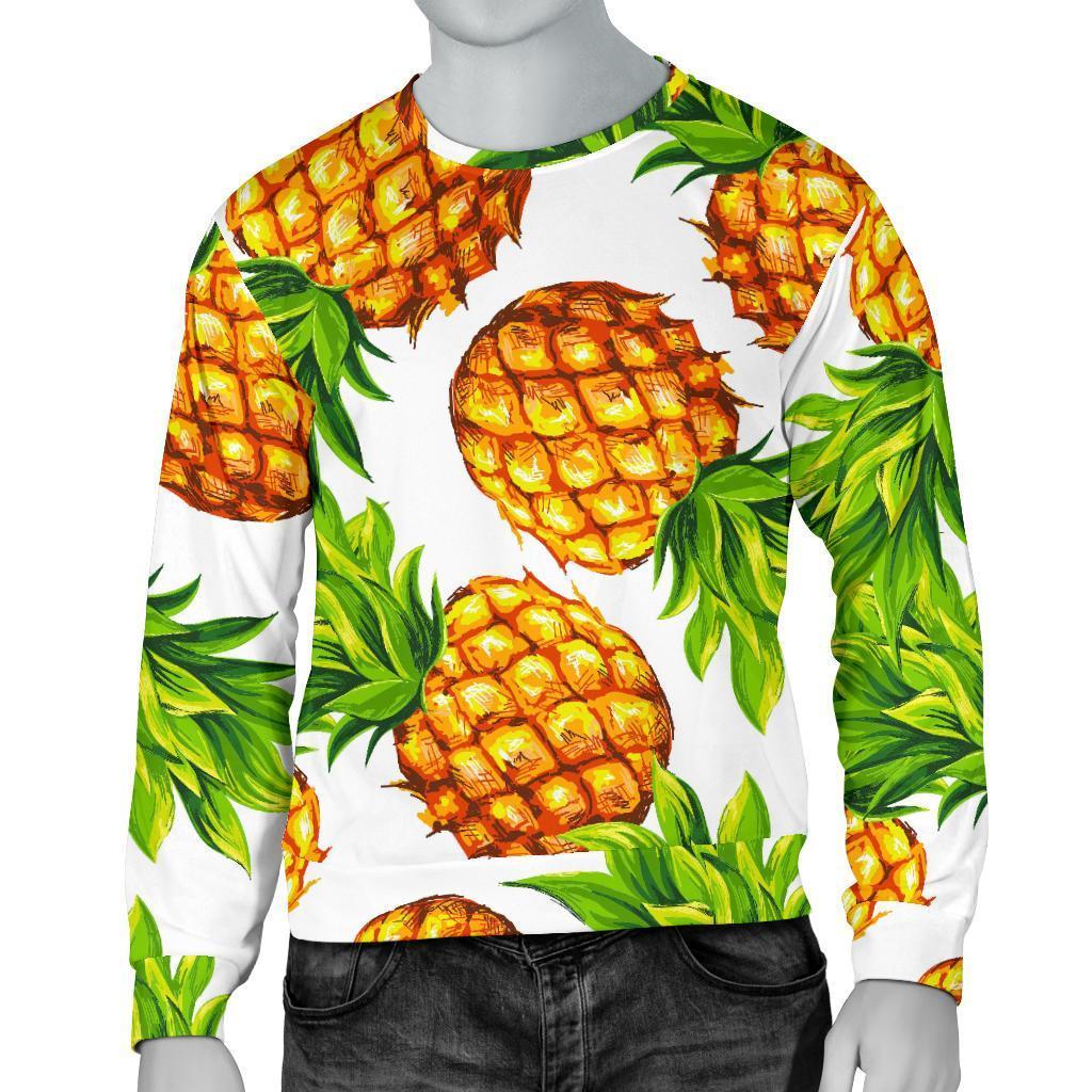 White Summer Pineapple Pattern Print Men's Crewneck Sweatshirt GearFrost