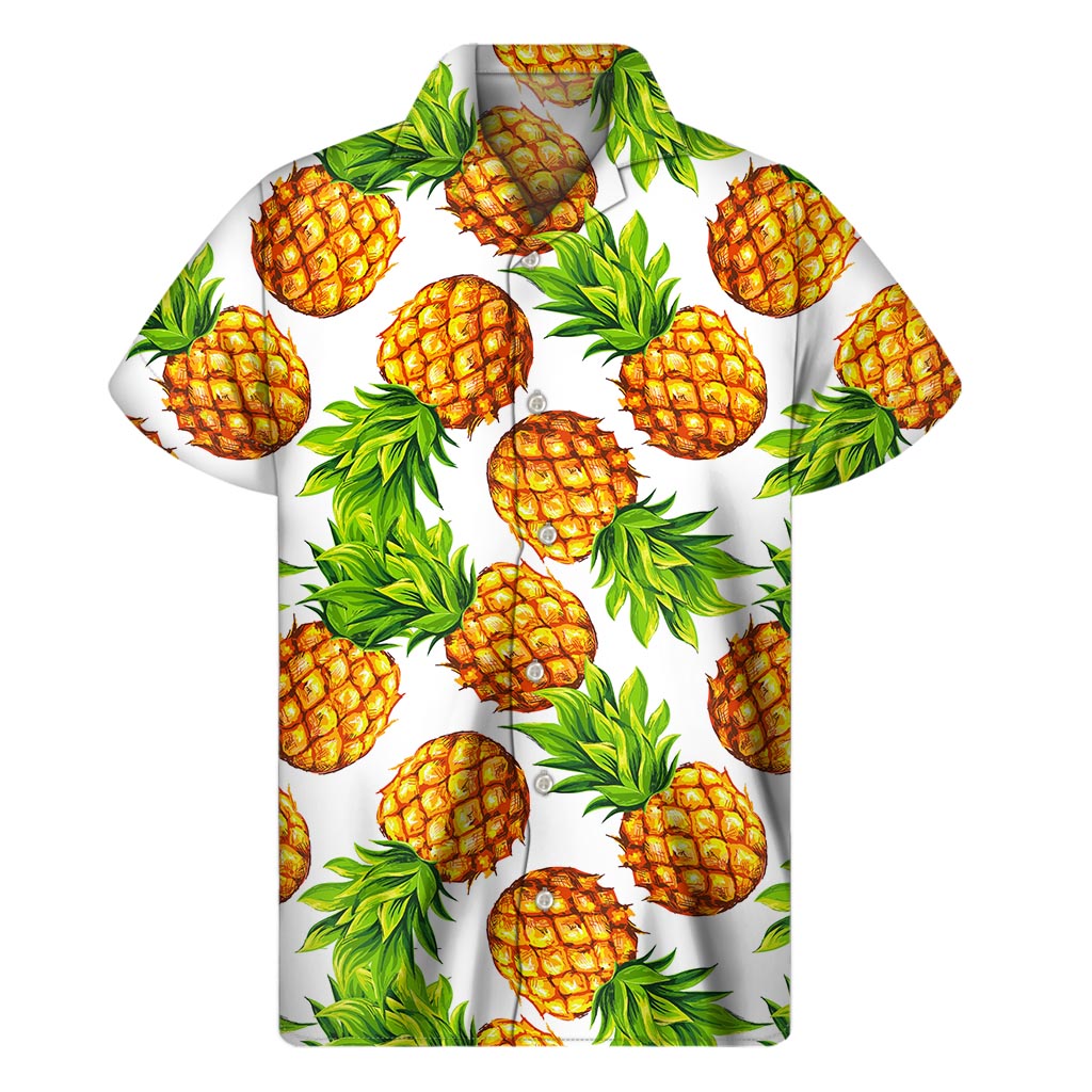 White Summer Pineapple Pattern Print Men's Short Sleeve Shirt