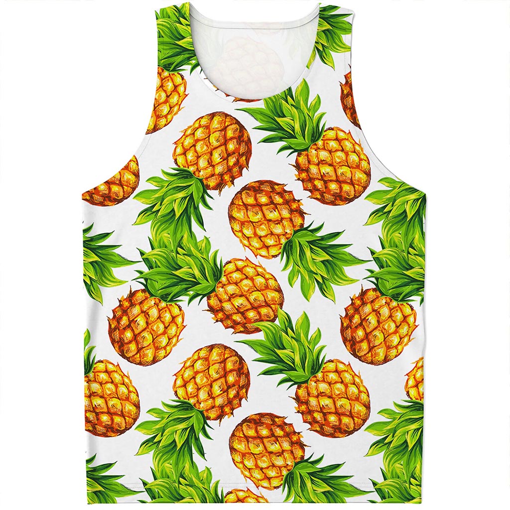 White Summer Pineapple Pattern Print Men's Tank Top