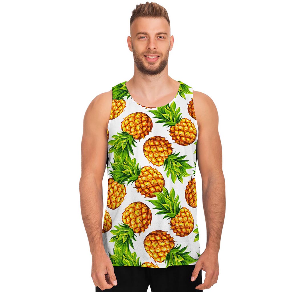 White Summer Pineapple Pattern Print Men's Tank Top