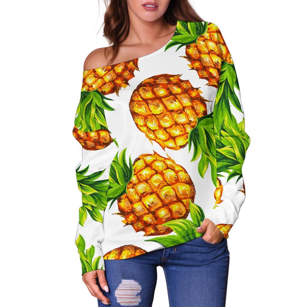 White Summer Pineapple Pattern Print Off Shoulder Sweatshirt GearFrost