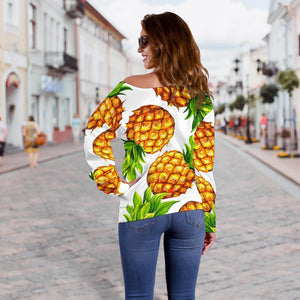 White Summer Pineapple Pattern Print Off Shoulder Sweatshirt GearFrost