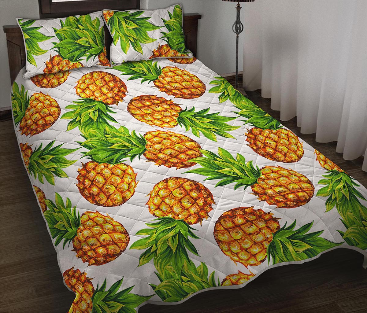 White Summer Pineapple Pattern Print Quilt Bed Set