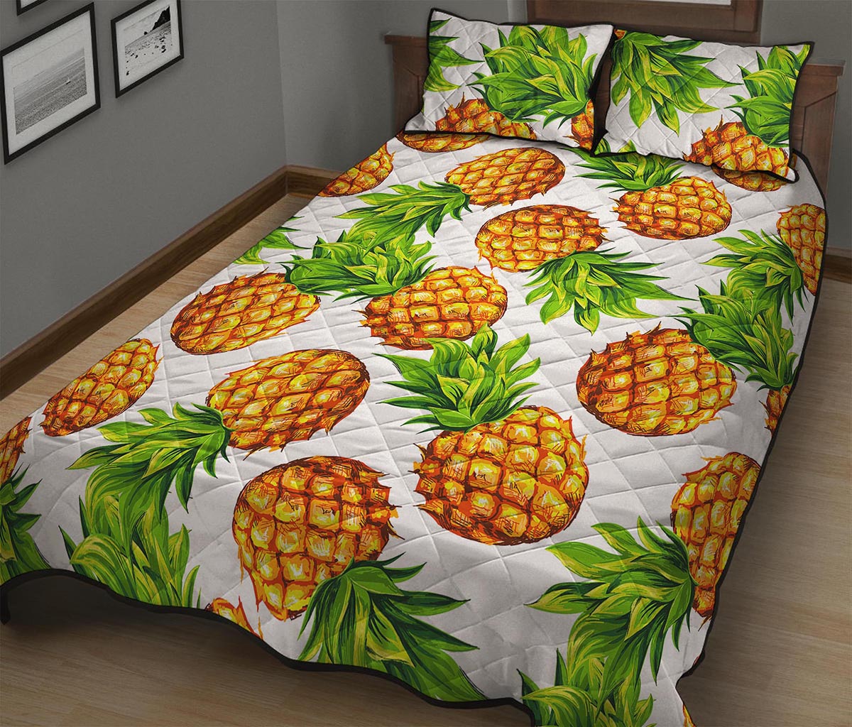 White Summer Pineapple Pattern Print Quilt Bed Set