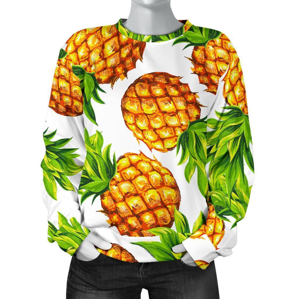 White Summer Pineapple Pattern Print Women's Crewneck Sweatshirt GearFrost