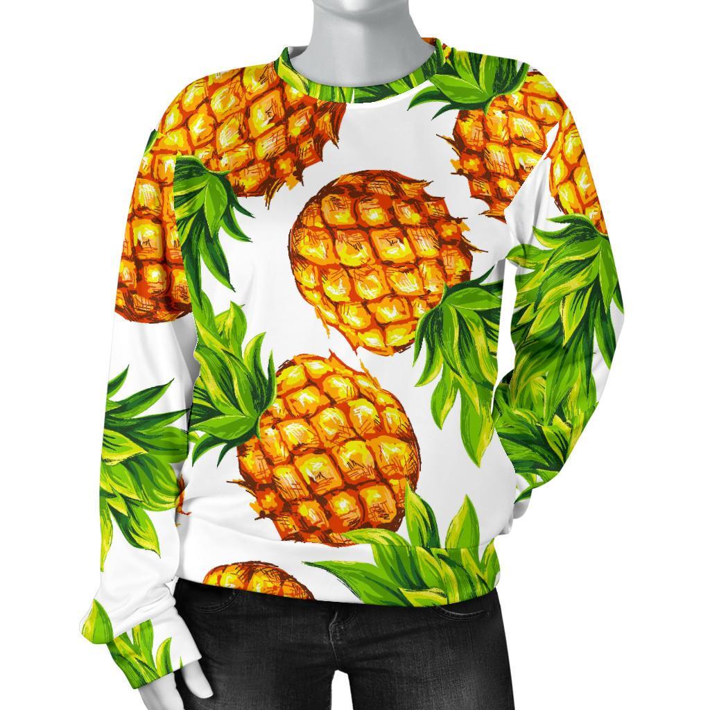 White Summer Pineapple Pattern Print Women's Crewneck Sweatshirt GearFrost