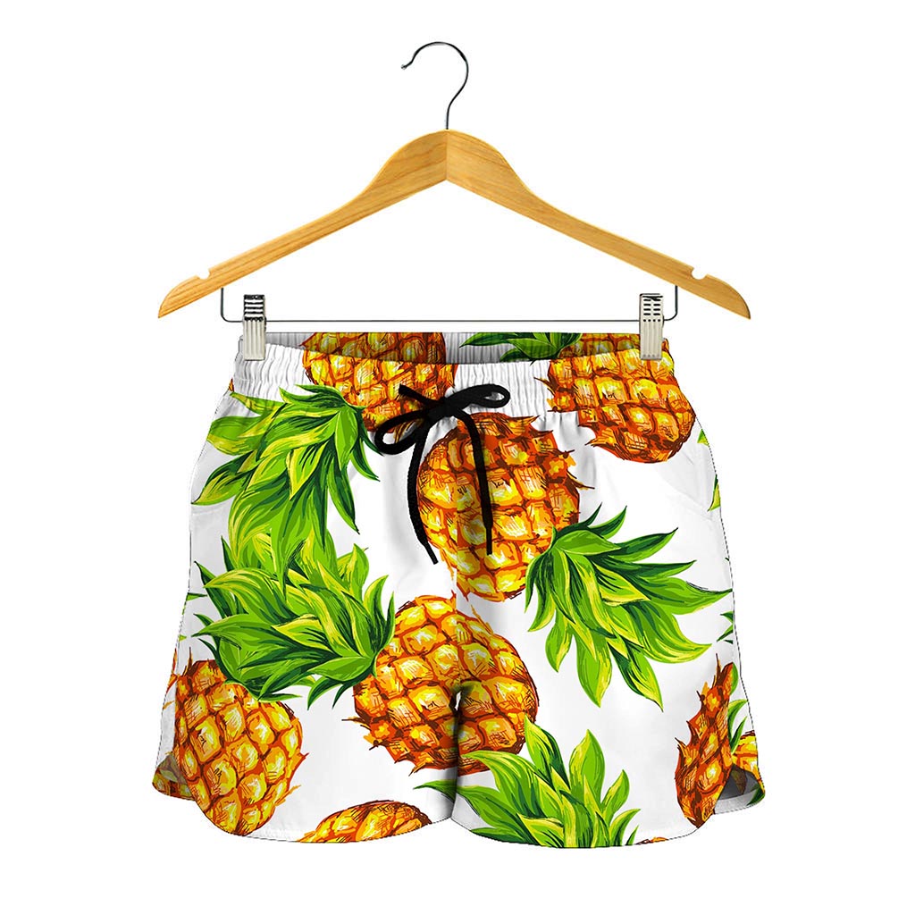 White Summer Pineapple Pattern Print Women's Shorts