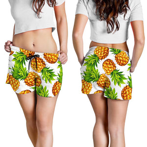 White Summer Pineapple Pattern Print Women's Shorts