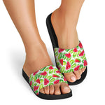 White Summer Watermelon Pattern Print Black Slide Sandals