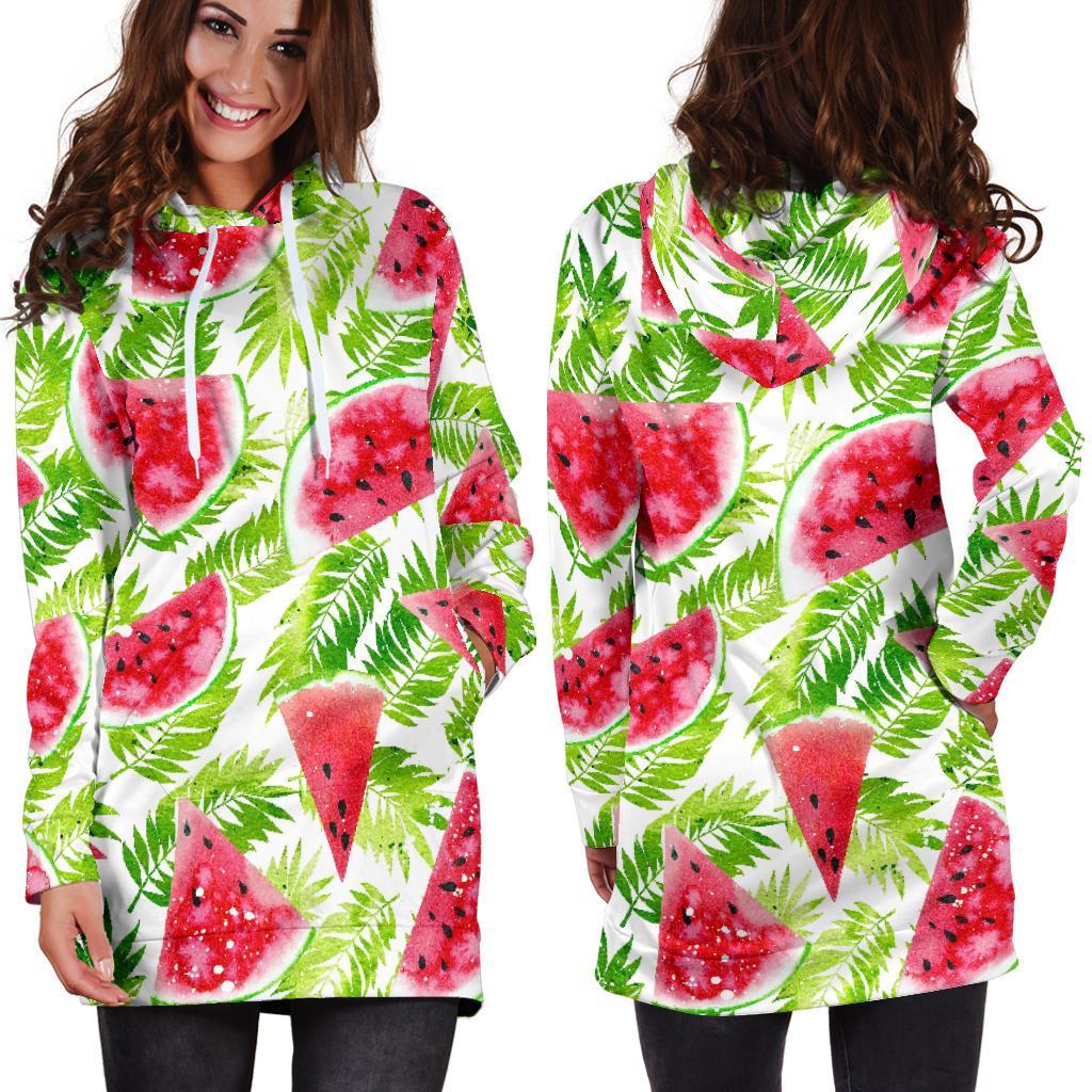 White Summer Watermelon Pattern Print Hoodie Dress GearFrost