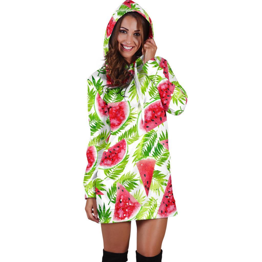 White Summer Watermelon Pattern Print Hoodie Dress GearFrost