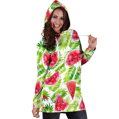 White Summer Watermelon Pattern Print Hoodie Dress GearFrost