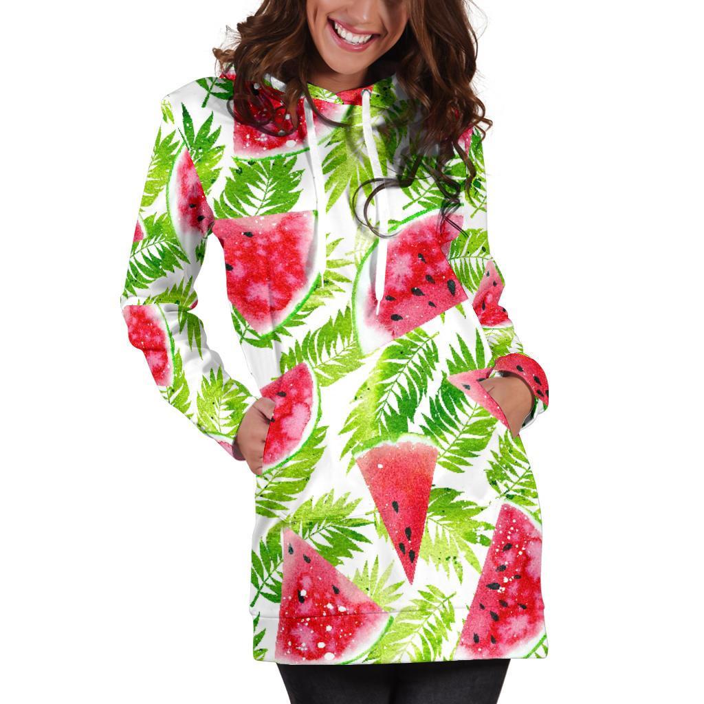 White Summer Watermelon Pattern Print Hoodie Dress GearFrost