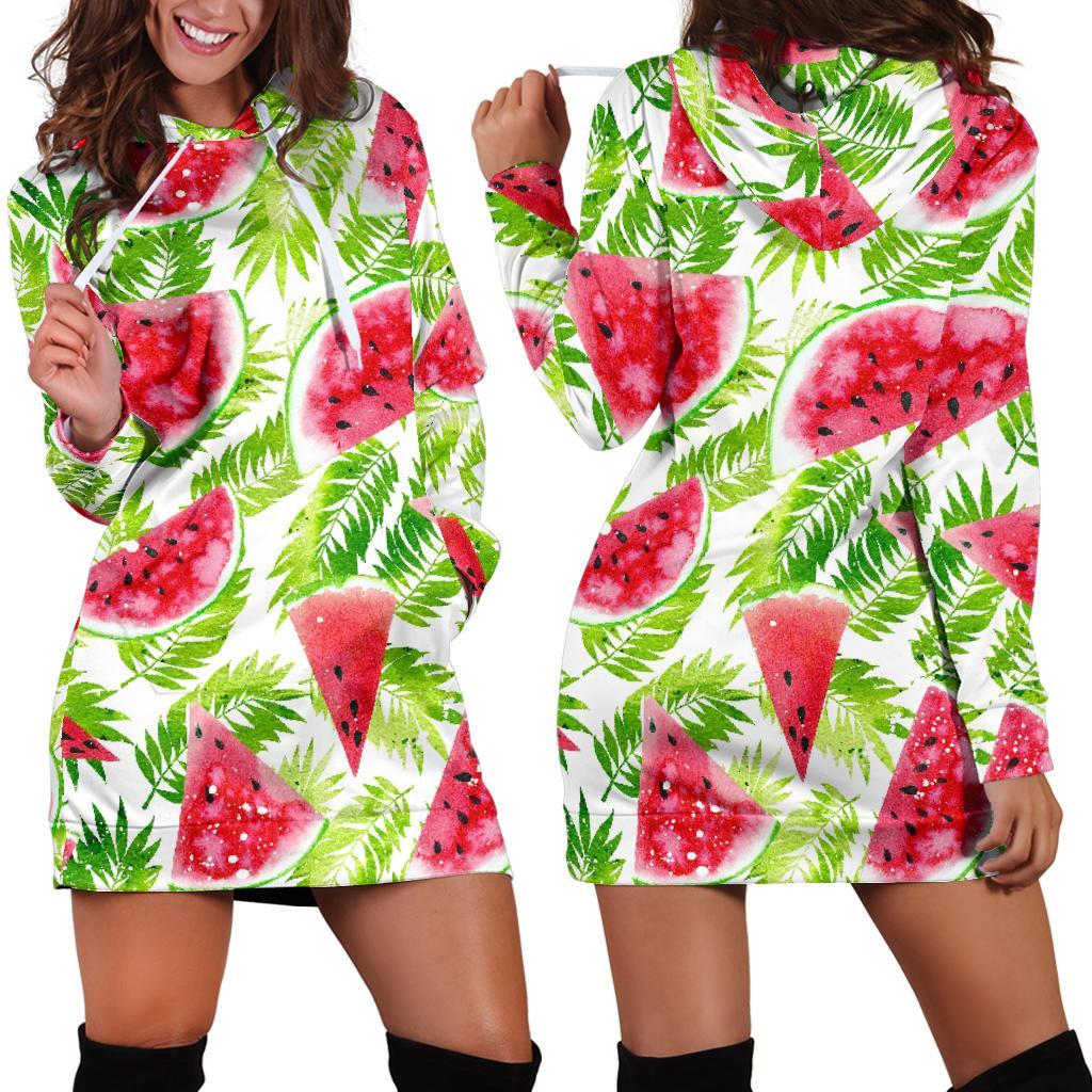 White Summer Watermelon Pattern Print Hoodie Dress GearFrost