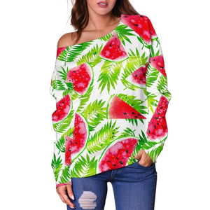 White Summer Watermelon Pattern Print Off Shoulder Sweatshirt GearFrost