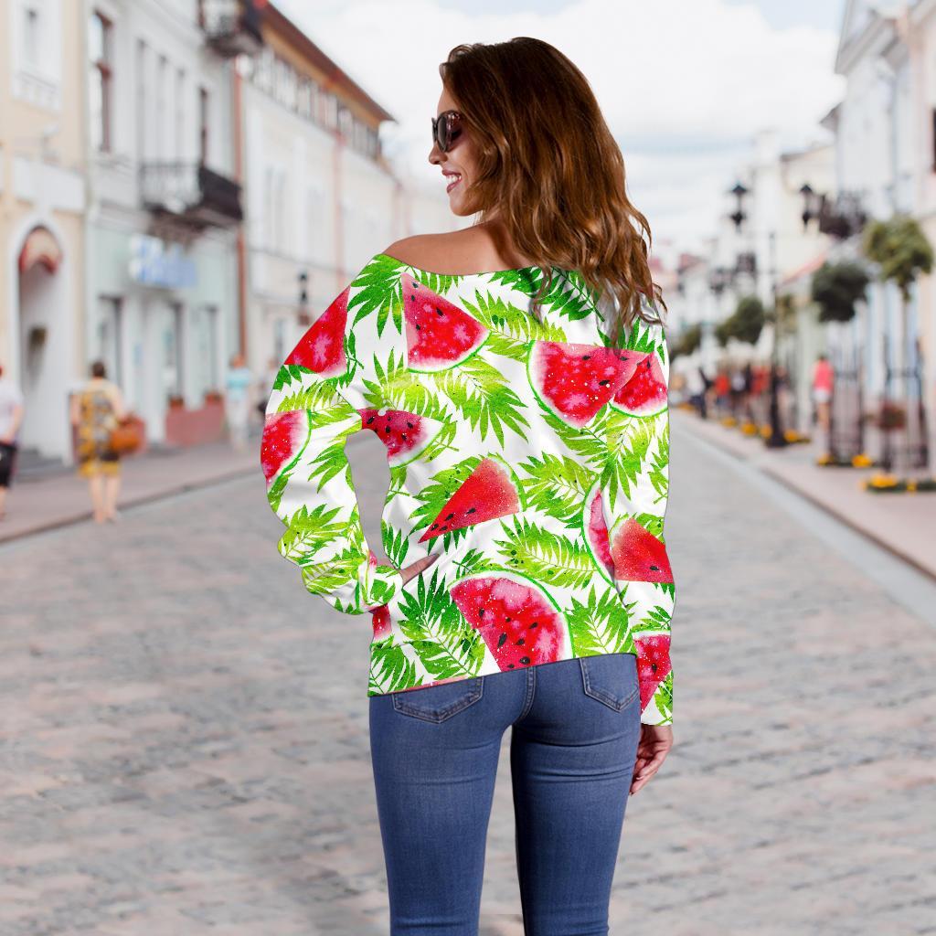 White Summer Watermelon Pattern Print Off Shoulder Sweatshirt GearFrost