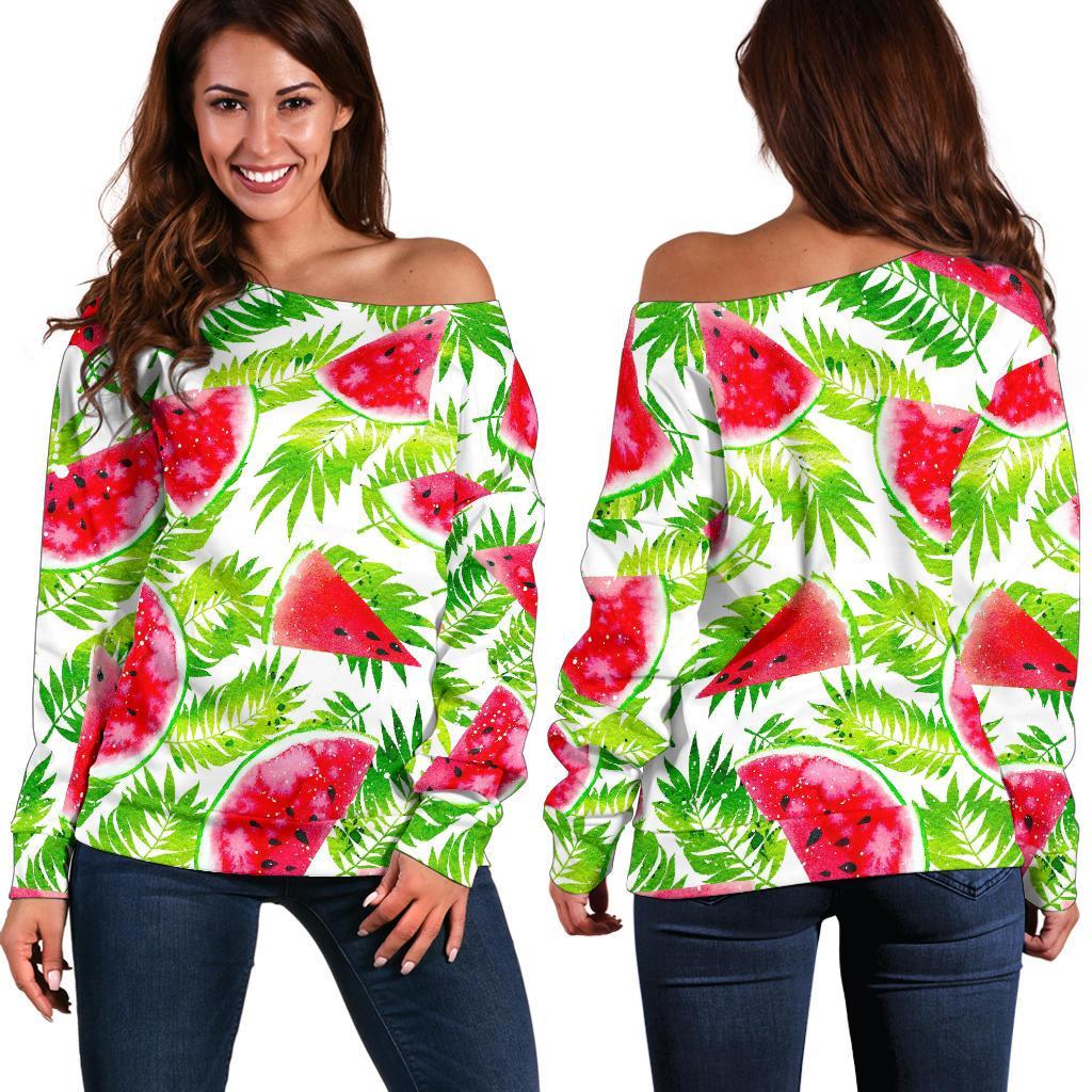 White Summer Watermelon Pattern Print Off Shoulder Sweatshirt GearFrost