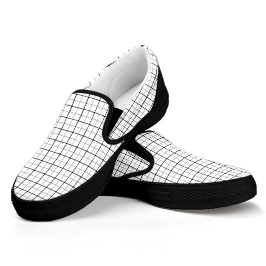 White Tattersall Pattern Print Black Slip On Shoes