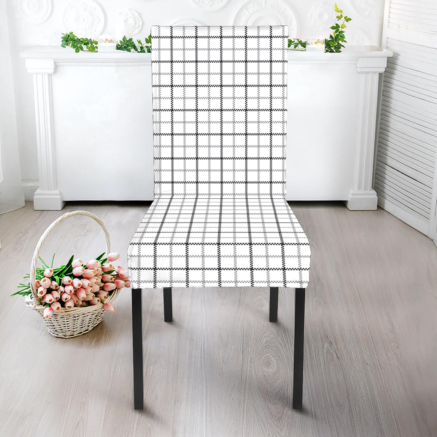 White Tattersall Pattern Print Dining Chair Slipcover