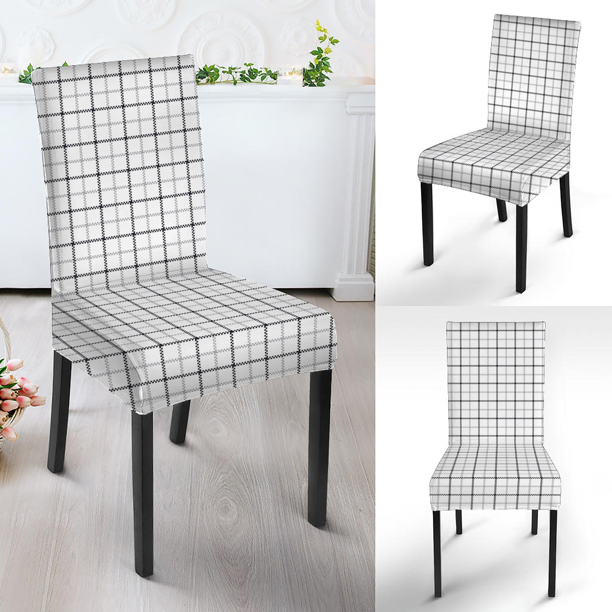White Tattersall Pattern Print Dining Chair Slipcover