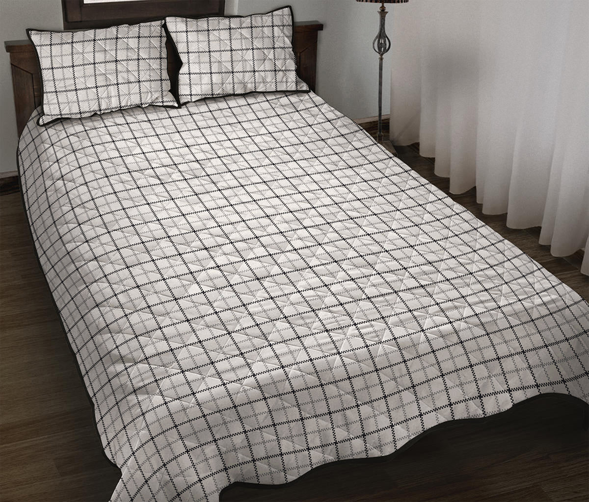 White Tattersall Pattern Print Quilt Bed Set