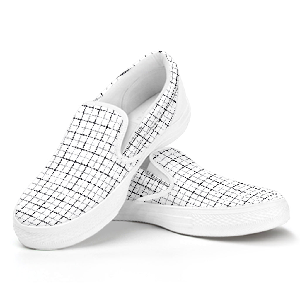 White Tattersall Pattern Print White Slip On Shoes