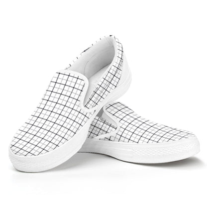 White Tattersall Pattern Print White Slip On Shoes