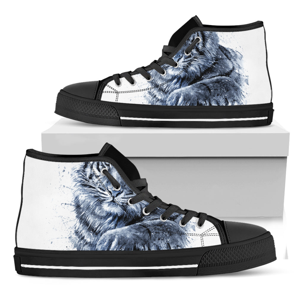 White Tiger Painting Print Black High Top Shoes