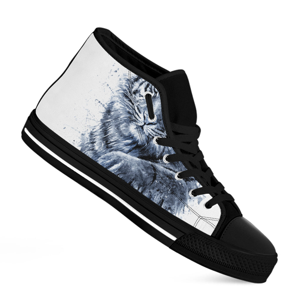 White Tiger Painting Print Black High Top Shoes