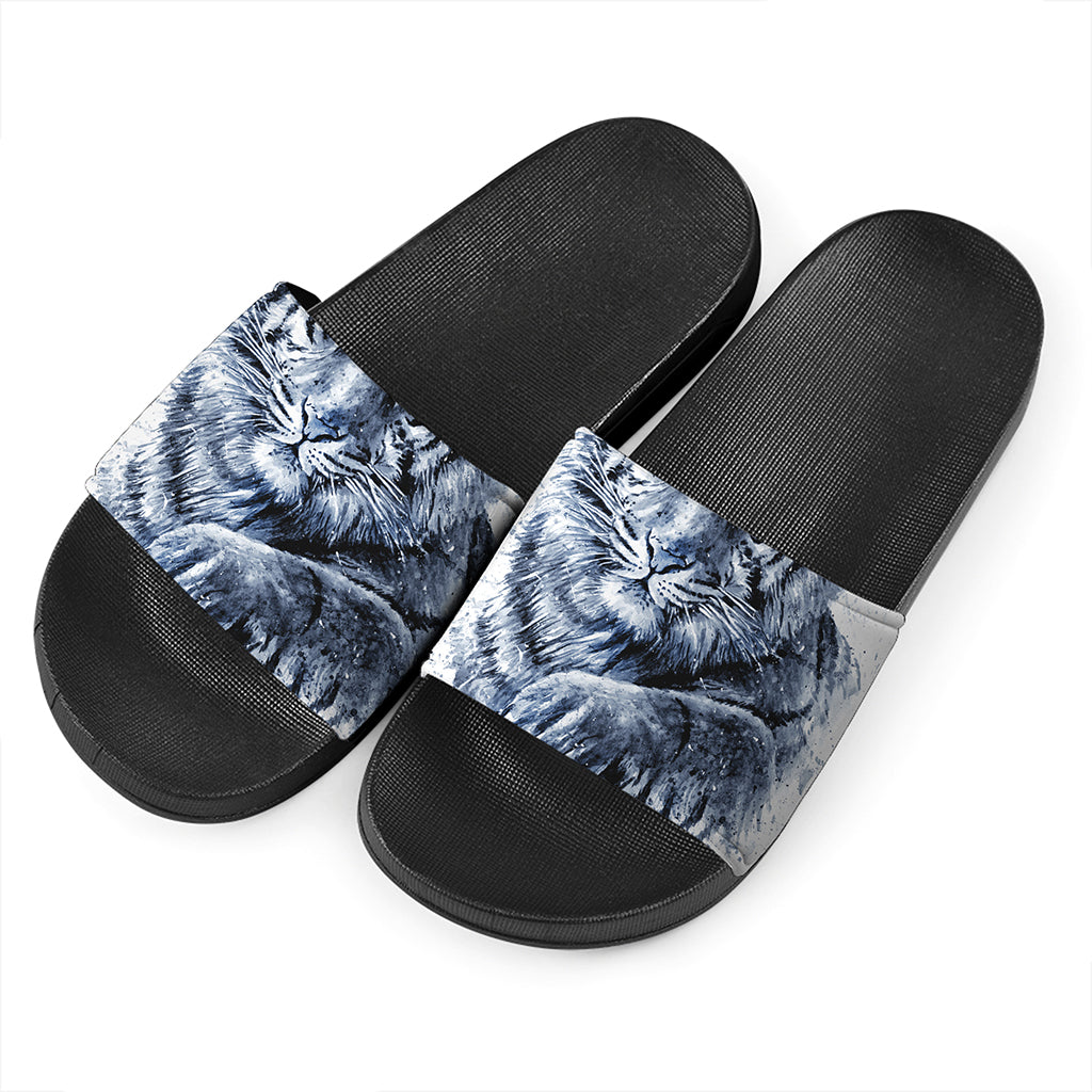 White Tiger Painting Print Black Slide Sandals