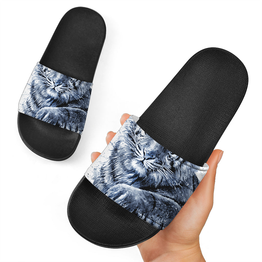 White Tiger Painting Print Black Slide Sandals