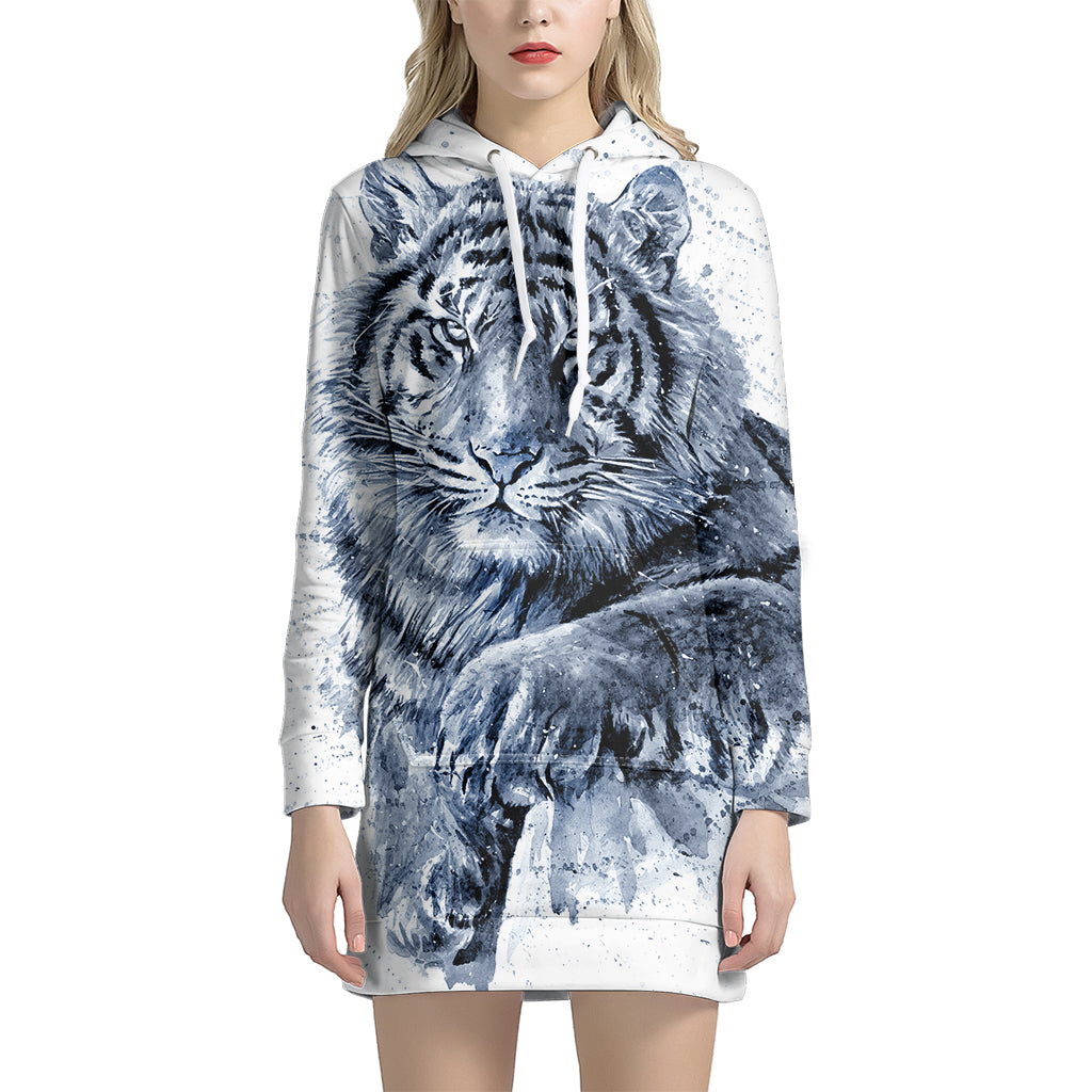 White Tiger Painting Print Pullover Hoodie Dress