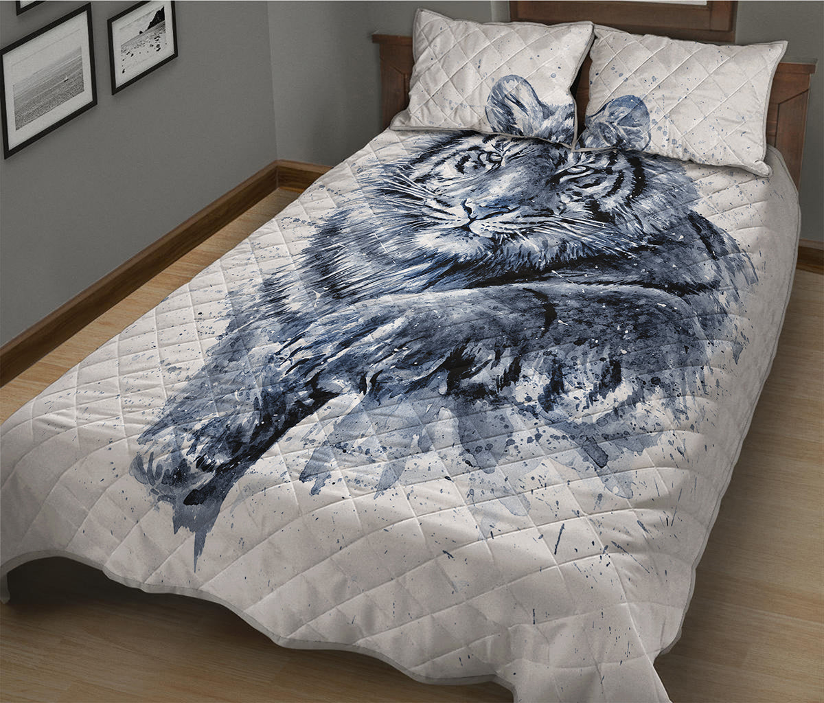 White Tiger Painting Print Quilt Bed Set