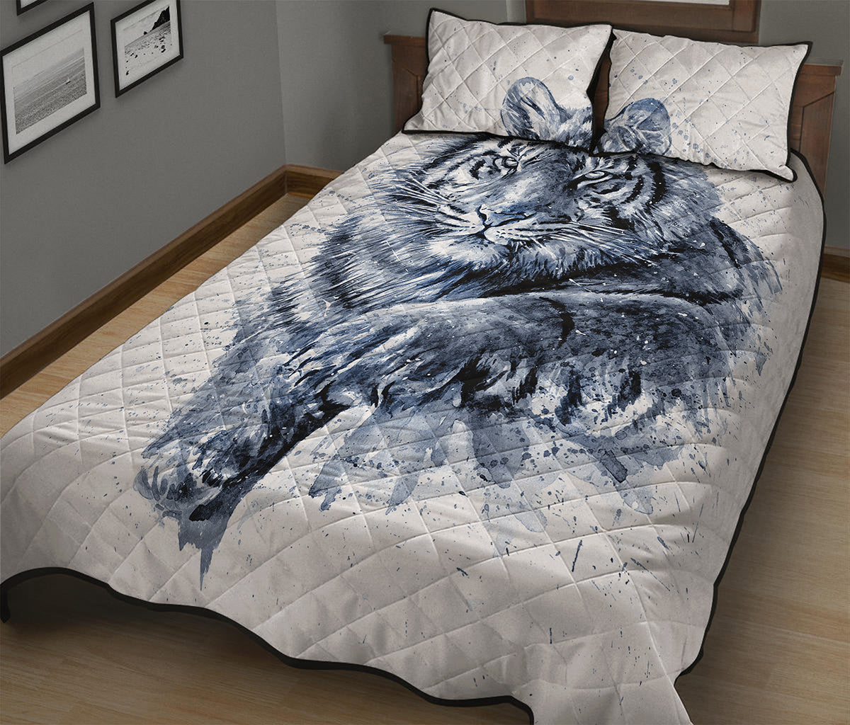 White Tiger Painting Print Quilt Bed Set