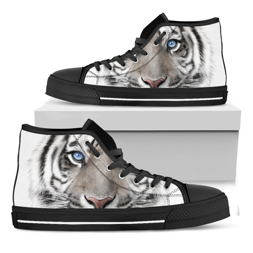 White Tiger Portrait Print Black High Top Shoes