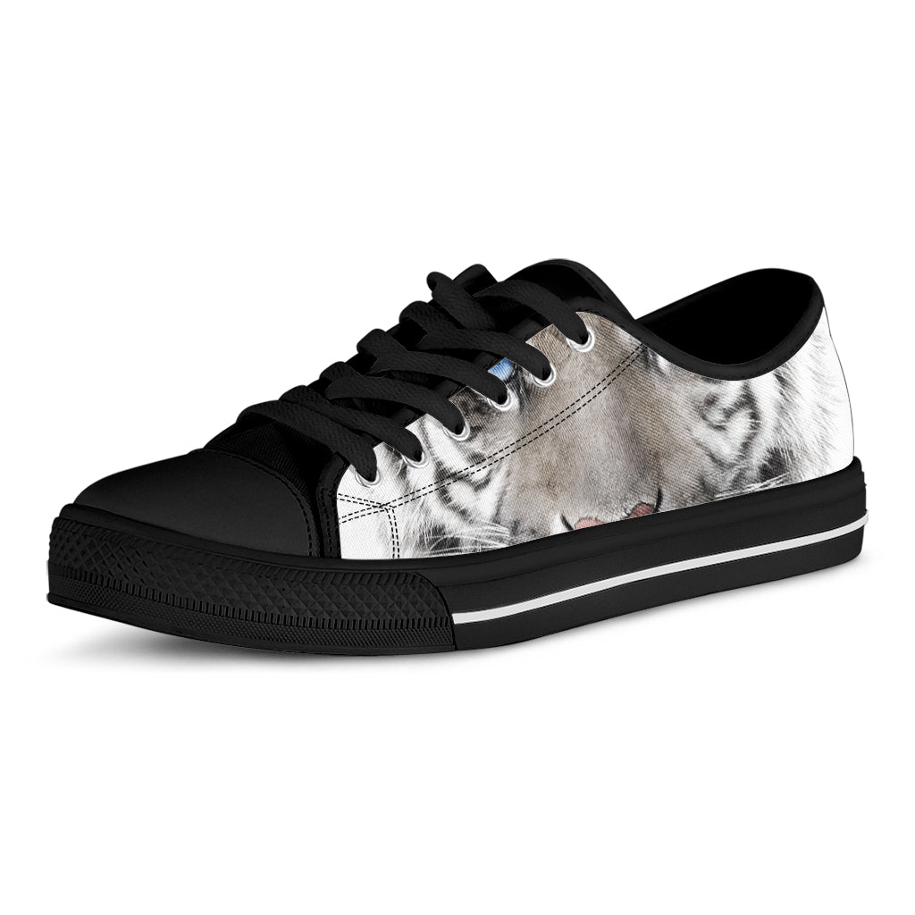 White Tiger Portrait Print Black Low Top Shoes 