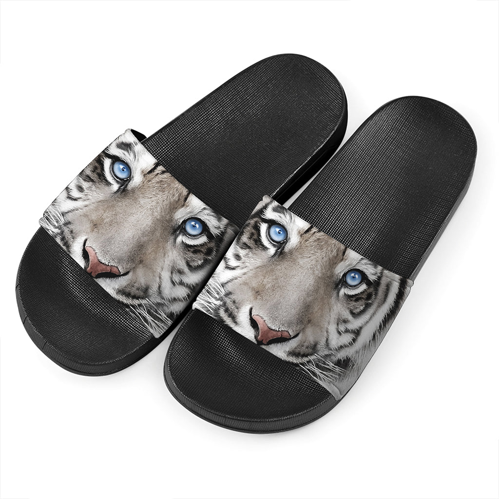 White Tiger Portrait Print Black Slide Sandals