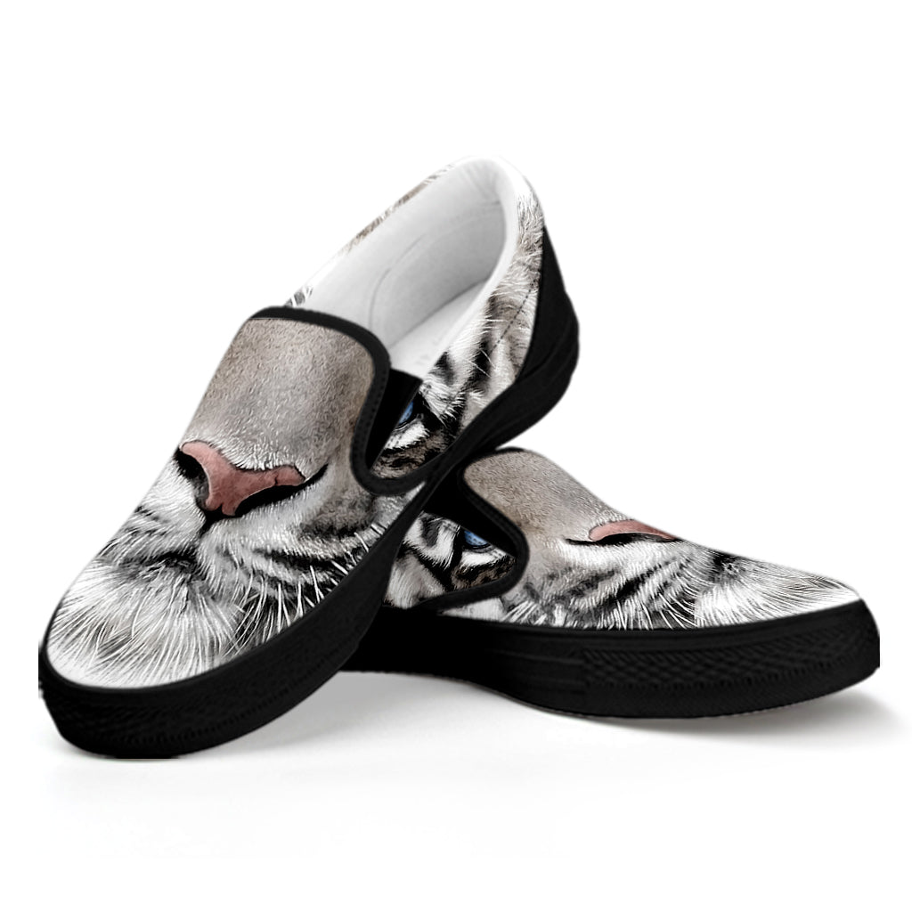 White Tiger Portrait Print Black Slip On Shoes