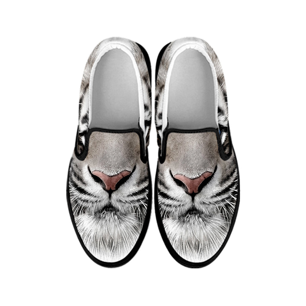 White Tiger Portrait Print Black Slip On Shoes