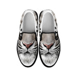 White Tiger Portrait Print Black Slip On Shoes