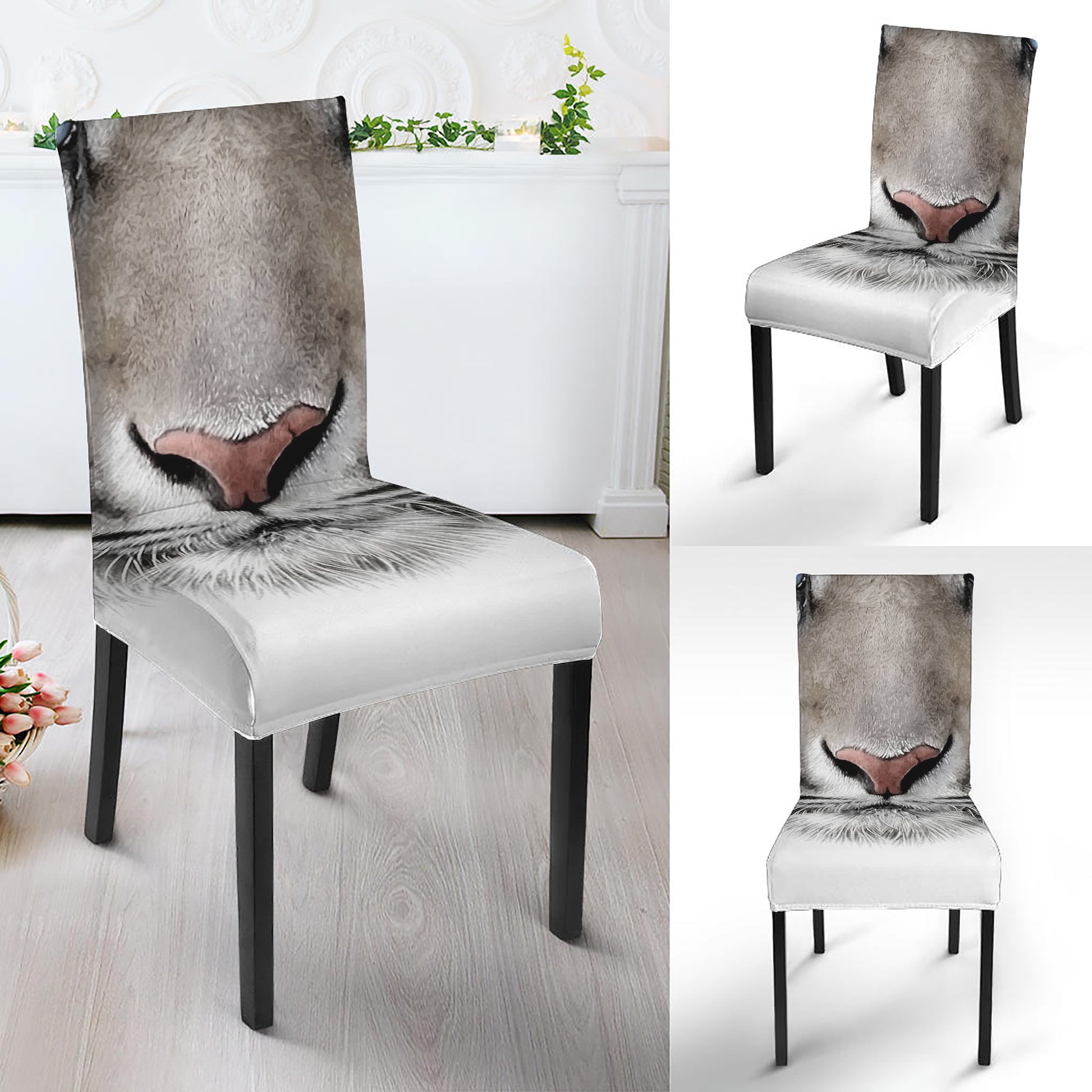 White Tiger Portrait Print Dining Chair Slipcover