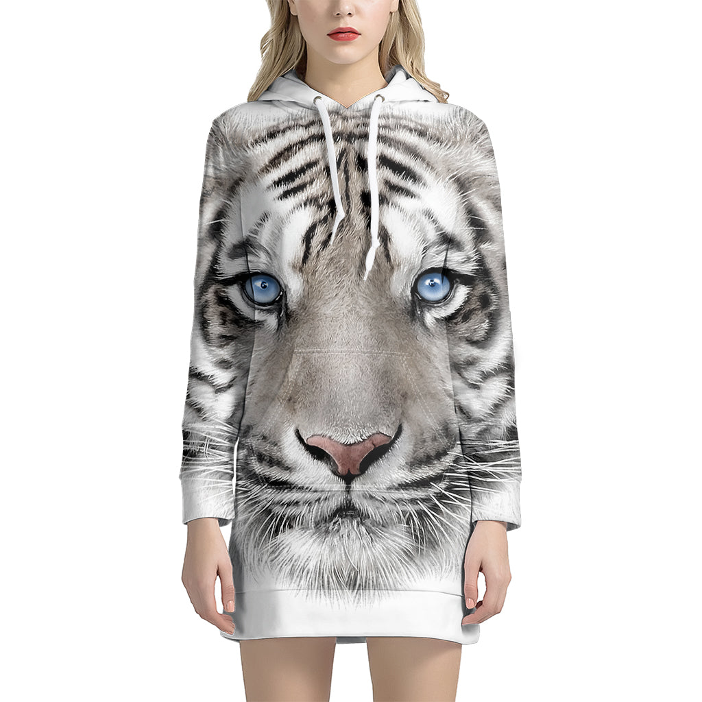 White Tiger Portrait Print Pullover Hoodie Dress