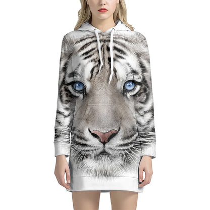 White Tiger Portrait Print Pullover Hoodie Dress