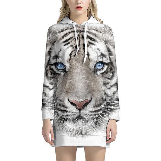 White Tiger Portrait Print Pullover Hoodie Dress