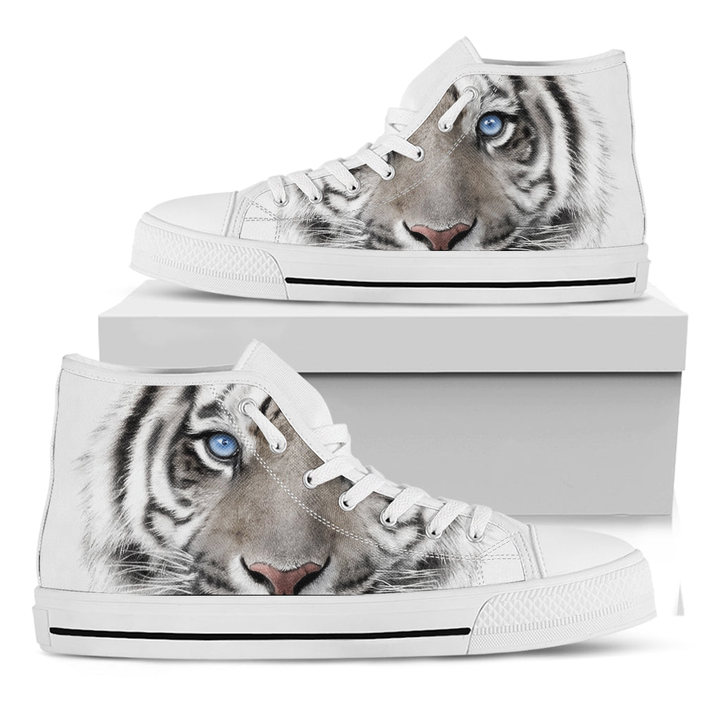 White Tiger Portrait Print White High Top Shoes