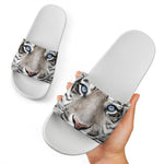 White Tiger Portrait Print White Slide Sandals